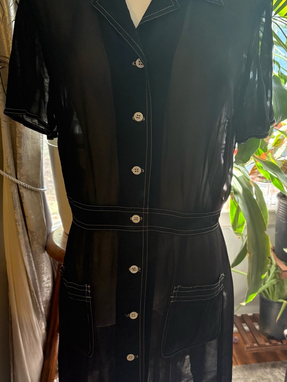 Vintage BCBGMaxAzria Black Sheer Button-Front Midi Dress with White Stitching